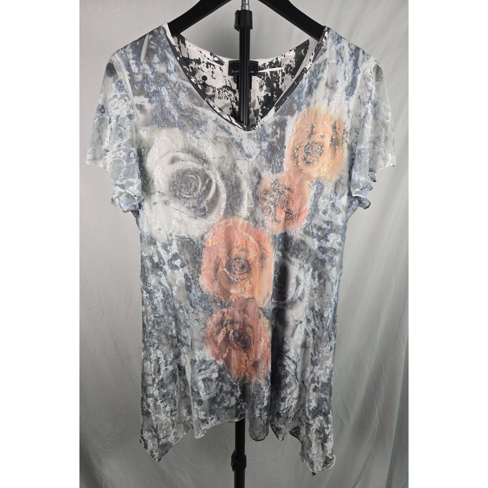 Floral Mesh Lace Top Sz L Rhinestone Roses Handkerchief Hem Whimsigoth Fairy